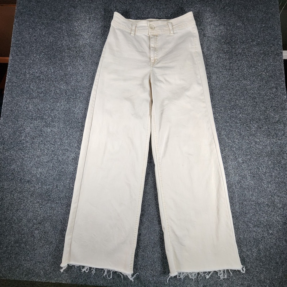 OAT New York Wide Leg Flare Pants Womens Sz‎ 4 Cream High Rise Raw Hem P0004-SJ